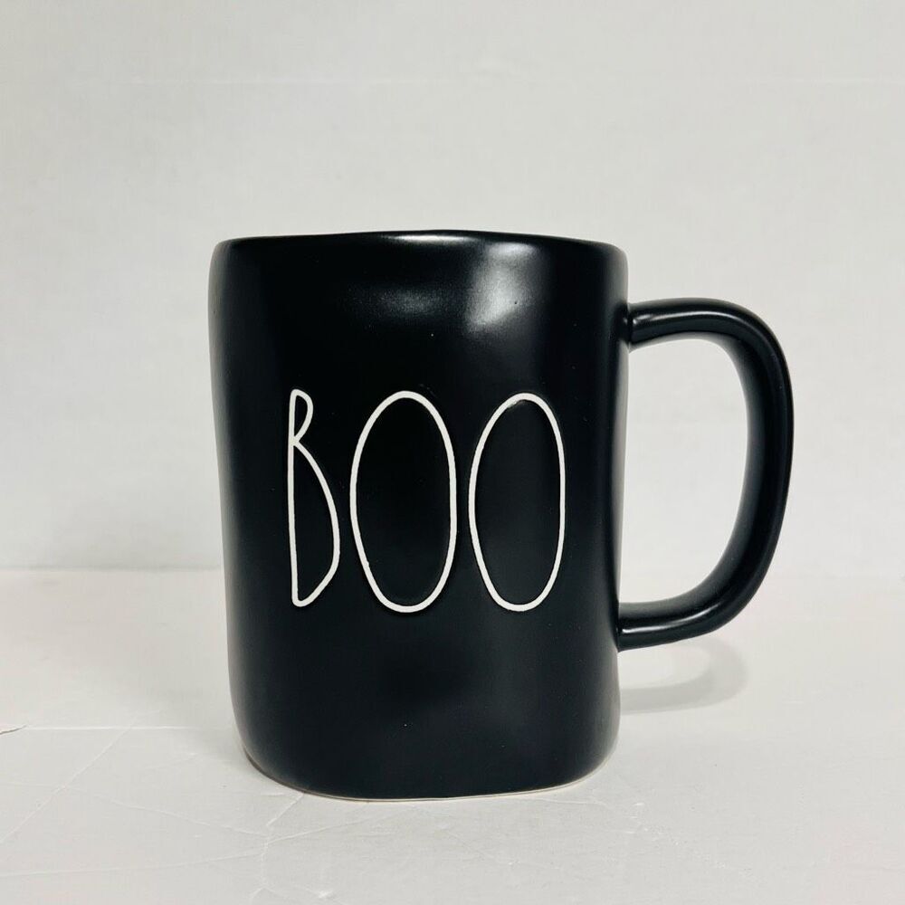 Rae Dunn BOO Mug   Black With White Letters  EUC